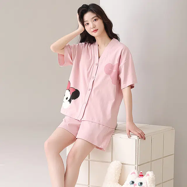 俏薇妮 简约柔软纯棉时尚温馨带胸垫短袖家居服休闲舒适凉爽透气可外穿睡衣套装 女款 粉红色