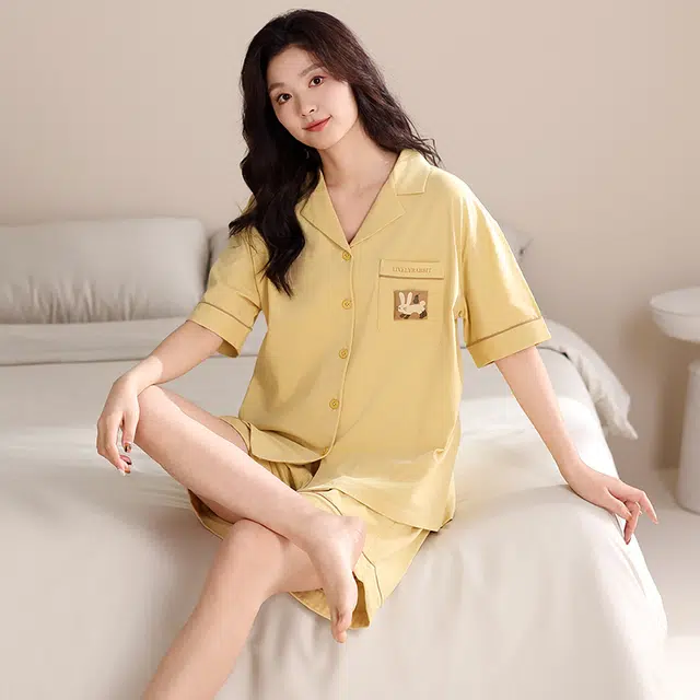 俏薇妮 简约柔软纯棉时尚温馨翻领短袖高级感家居服休闲宽松舒适凉爽透气可外穿睡衣套装 女款 黄色