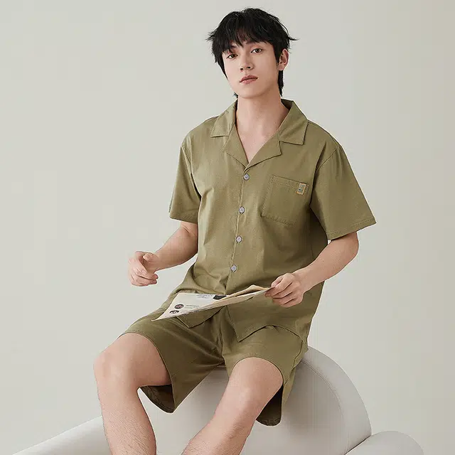 俏薇妮 凉感棉简约短袖家居服纯色翻领开衫可外穿舒适透气睡衣套装 男款 卡其色