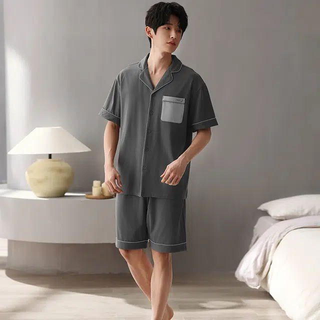 俏薇妮 简约柔软纯棉纯色翻领短袖高级感家居服休闲宽松舒适凉爽透气可外穿睡衣套装 男款 灰色