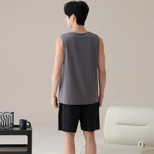 俏薇妮 简约凉感柔软纯色高级感时尚字母背心短裤家居服舒适透气休闲宽松可外穿夏季睡衣套装 男款