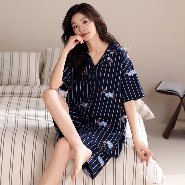 俏薇妮 柔软纯棉简约时尚条纹翻领短袖高级感家居服休闲宽松舒适凉爽透气可外穿睡衣套装 女款 蓝色