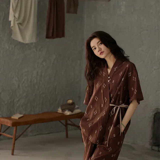 俏薇妮 美拉德短袖长裤纯棉和服实用宽松薄款可外穿休闲舒适家居服睡衣套装 女款 棕色