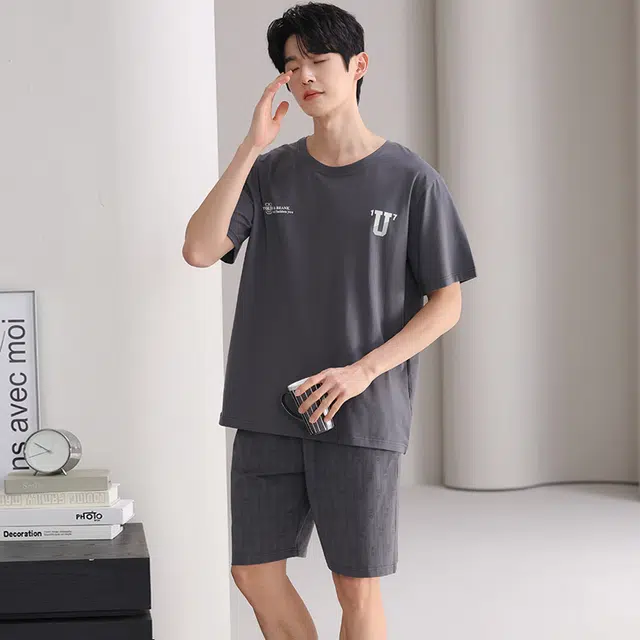 俏薇妮 简约纯色柔软小清新休闲舒适凉爽透气可外穿短袖五分裤睡衣套装 男款 深灰色