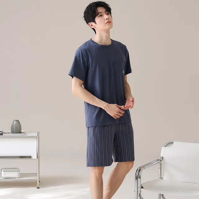 俏薇妮 柔软简约纯色高级感短袖短裤家居服慵懒温馨舒适透气休闲凉感可外穿睡衣套装 男款 蓝色
