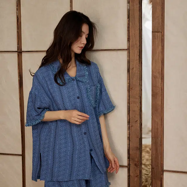俏薇妮 简约时尚高级感家居服复古提花凉感薄款短袖可外穿睡衣套装 女款 礼盒装 蓝色
