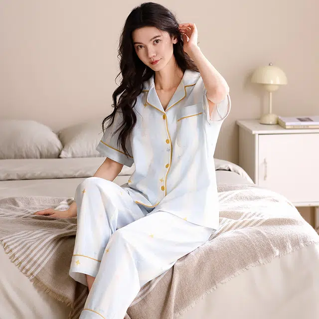 俏薇妮 柔软可爱舒适时尚翻领短袖家居服休闲可外穿睡衣套装 女款 浅蓝色