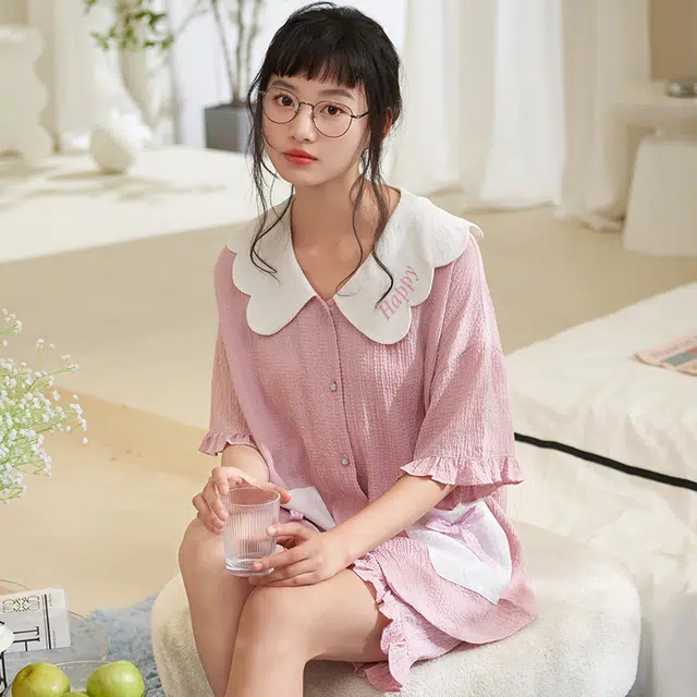 俏薇妮 简约温馨优雅大气高级感短袖短裤家居服休闲宽松舒适凉爽透气可外穿夏季睡衣套装 女款 粉红色