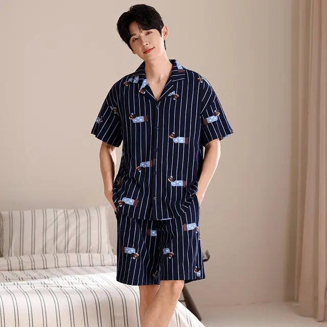 俏薇妮 柔软纯棉简约时尚条纹翻领短袖高级感家居服休闲宽松舒适凉爽透气可外穿睡衣套装 男款 蓝色
