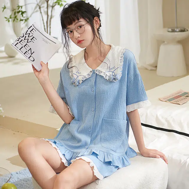 俏薇妮 简约温馨优雅大气高级感短袖短裤家居服休闲宽松舒适凉爽透气可外穿夏季睡衣套装 女款 浅蓝色