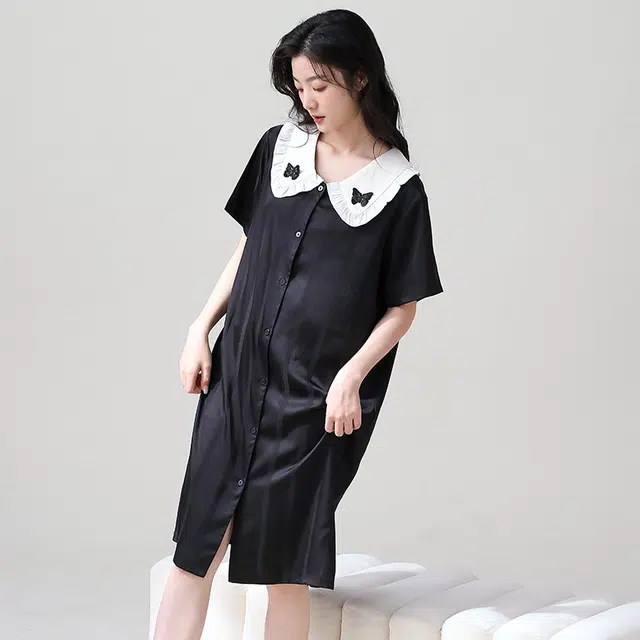 俏薇妮 简约纯色冰丝柔软时尚优雅高级感短袖家居服休闲宽松舒适凉爽透气可外穿睡裙 女款 黑色