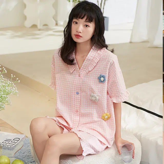 俏薇妮 简约温馨可爱高级感短袖短裤家居服休闲宽松舒适凉爽透气可外穿夏季睡衣套装 女款 粉红色