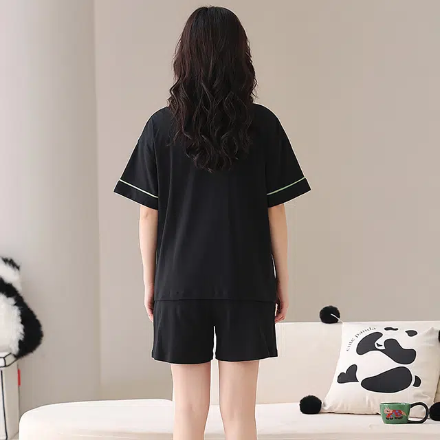 俏薇妮 简约柔软时尚温馨带胸垫短袖高级感家居服休闲舒适凉爽透气可外穿睡衣套装 女款 黑色