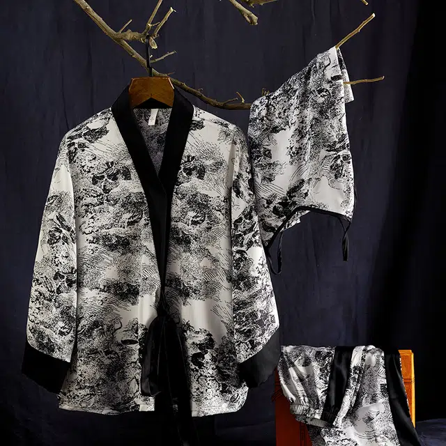 俏薇妮 新中式水墨画家居服夏季长袖高级感宽松三件套睡袍睡衣套装 女款 黑色
