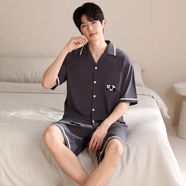 俏薇妮 柔软纯棉简约纯色翻领短袖高级感家居服休闲宽松舒适凉爽透气可外穿睡衣套装 男款 灰色