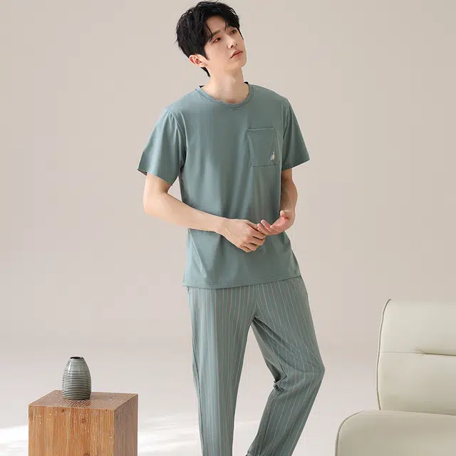 俏薇妮 柔软简约纯棉纯色时尚潮流短袖长裤家居服舒适透气休闲凉感可外穿夏季睡衣套装 男款