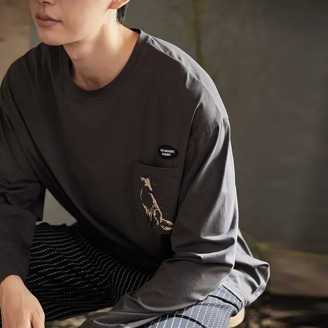 俏薇妮 简约柔软时尚动物图案高级感长袖长裤家居服休闲睡衣套装 男款 深灰色