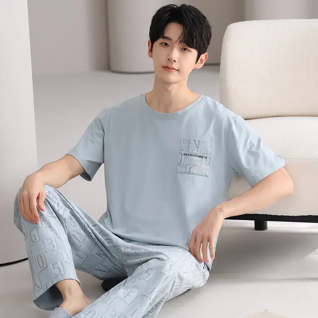 俏薇妮 简约凉感柔软高级感潮流小清新短袖长裤家居服舒适透气休闲宽松可外穿夏季睡衣套装 男款