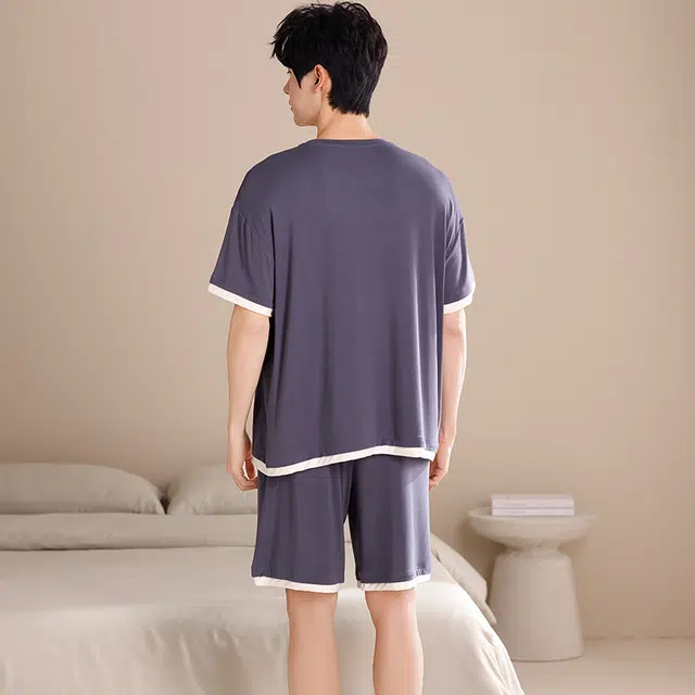 俏薇妮 简约柔软冰丝凉感时尚高级感短袖短裤家居服舒适透气休闲宽松可外穿睡衣套装 男款