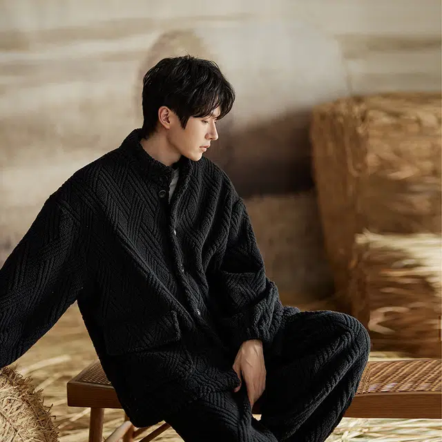 俏薇妮 简约时尚立领开衫加厚保暖休闲可外穿家居服睡衣套装 男款 黑色