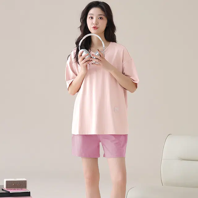 俏薇妮 简约柔软纯色凉感可爱时尚休闲宽松可外穿睡衣套装 女款