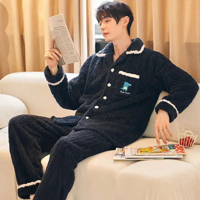 俏薇妮 简约翻领开衫家居服加厚保暖休闲舒适长袖长裤可外穿睡衣套装 男款 黑色