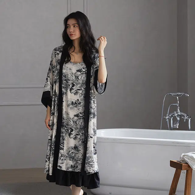 俏薇妮 新中式水墨画家居服凉感冰丝吊带长袖高级感宽松两件套睡裙可外穿睡衣套装 女款
