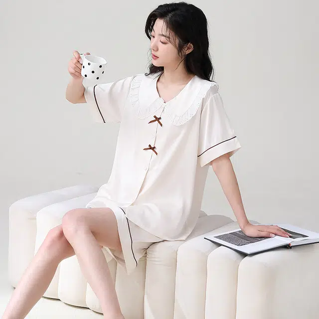 俏薇妮 简约纯色柔软时尚优雅高级感短袖家居服休闲舒适凉爽透气可外穿睡衣套装 女款 米白色