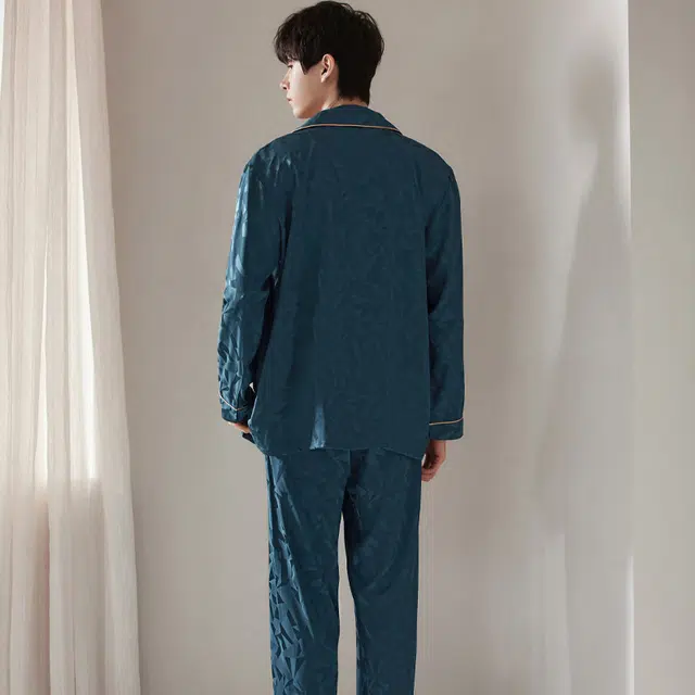 俏薇妮 几何图案印花古巴领长袖长裤可外穿睡衣套装 男款 孔雀蓝