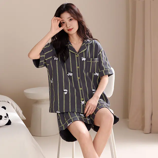 俏薇妮 柔软纯棉简约时尚大气翻领短袖高级感家居服休闲宽松舒适凉爽透气可外穿睡衣套装 女款 深灰色