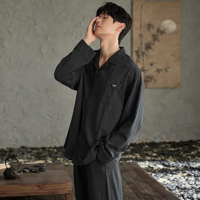 俏薇妮 简约柔软时尚条纹高级感长袖长裤家居服休闲舒适可外穿睡衣套装 男款 黑色