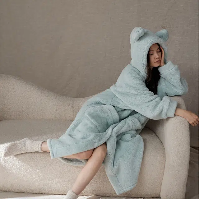 俏薇妮 加厚连帽保暖长袖长裤可外穿家居服睡衣套装 女款 浅蓝色