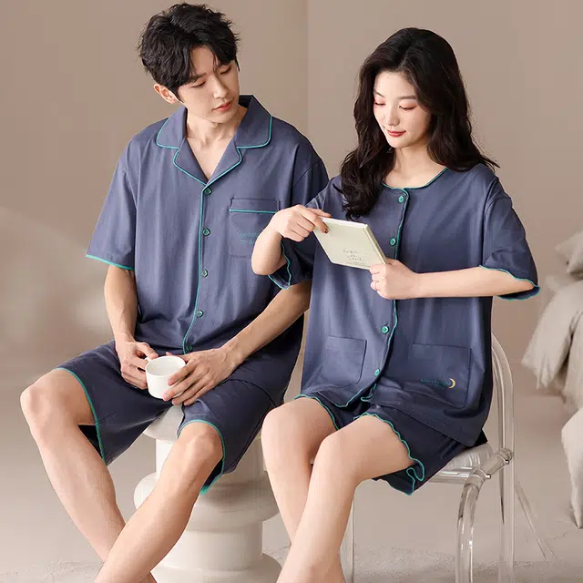 俏薇妮 柔软简约纯色时尚优雅高级感短袖短裤家居服舒适透气休闲宽松凉感可外穿夏季睡衣套装 男女同款 蓝色