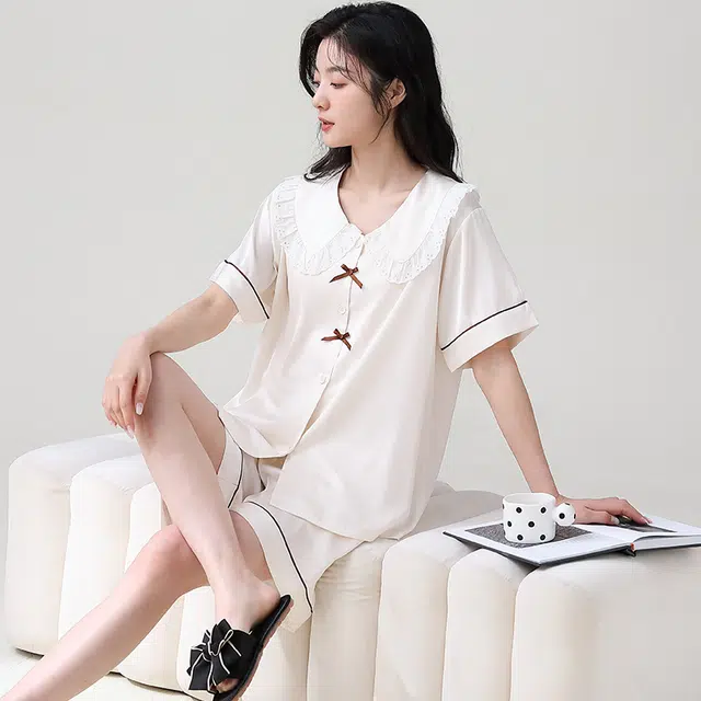 俏薇妮 简约纯色柔软时尚优雅高级感短袖家居服休闲舒适凉爽透气可外穿睡衣套装 女款 米白色