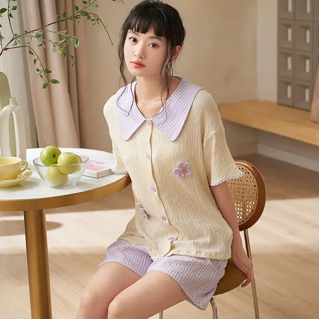 俏薇妮 简约小清新温馨可爱高级感短袖短裤家居服休闲宽松舒适凉爽透气可外穿夏季睡衣套装 女款 浅紫色