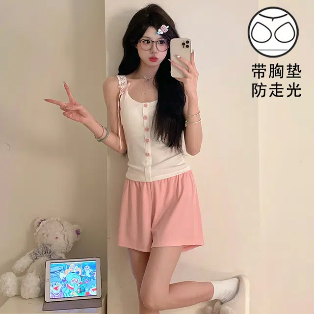 俏薇妮 简约柔软时尚可爱大气高级感带胸垫家居服舒适透气休闲宽松可外穿无袖夏季睡衣套装 女款