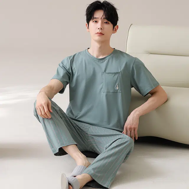俏薇妮 柔软简约纯棉纯色时尚潮流短袖长裤家居服舒适透气休闲凉感可外穿夏季睡衣套装 男款