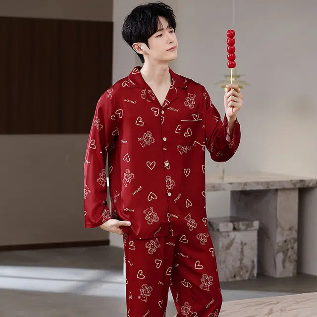俏薇妮 简约纯色柔软喜庆冰丝爱心高级感长袖长裤家居服宽松舒适休闲透气可外穿春秋睡衣套装 男款 红色
