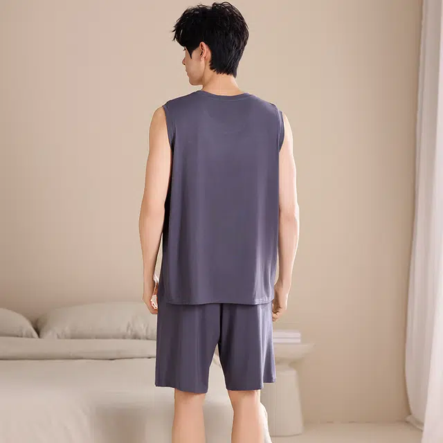 俏薇妮 柔软时尚简约纯色运动风高级感背心短裤家居服舒适透气休闲凉感可外穿睡衣套装 男款 蓝色
