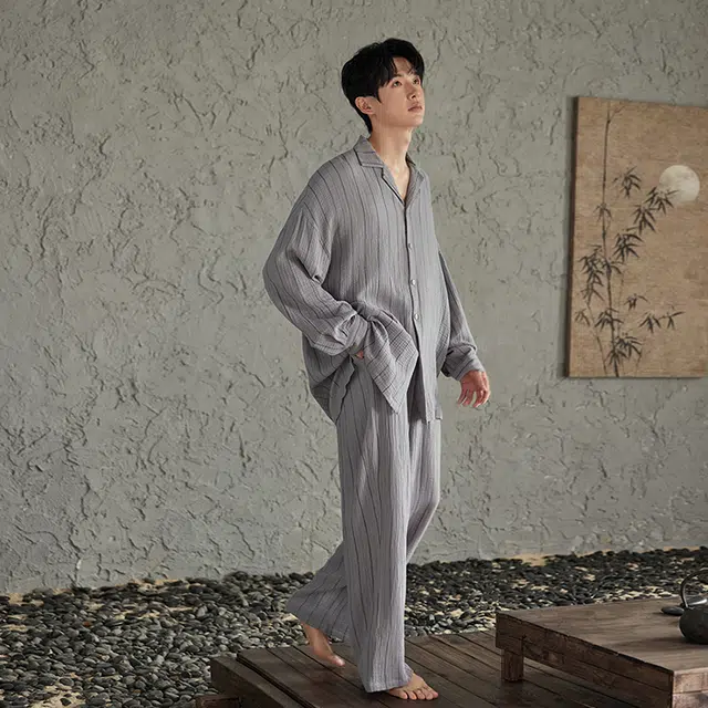 俏薇妮 简约纯棉纯色柔软条纹高级感长袖长裤家居服休闲舒适可外穿睡衣套装 男款 灰色
