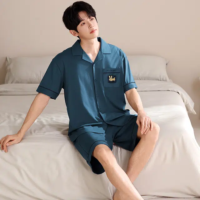 俏薇妮 简约柔软纯棉纯色翻领短袖高级感家居服休闲宽松舒适凉爽透气可外穿睡衣套装 男款 蓝色