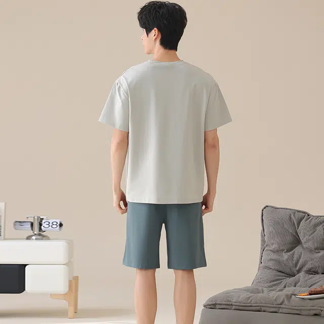 俏薇妮 柔软简约凉感纯色时尚潮流短袖五分裤家居服舒适透气休闲可外穿夏季睡衣套装 男款