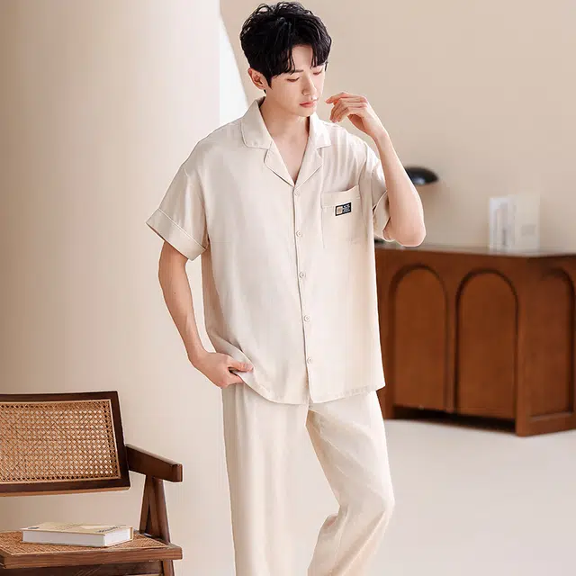 俏薇妮 柔软简约翻领短袖上衣家居服舒适透气短裤休闲凉感可外穿长裤睡衣套装 男款 杏色