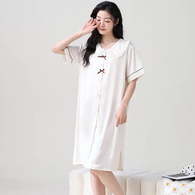俏薇妮 简约纯色冰丝柔软温馨高级感短袖家居服休闲宽松舒适凉爽透气可外穿睡裙 女款 米白色