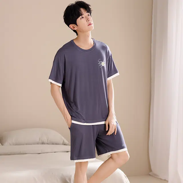 俏薇妮 简约柔软冰丝凉感时尚高级感短袖短裤家居服舒适透气休闲宽松可外穿睡衣套装 男款