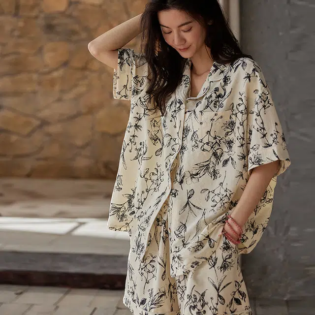 俏薇妮 简约柔软古风竹子高级感短袖睡衣套装 女款 米白色