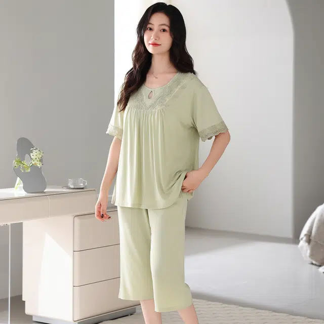 俏薇妮 简约柔软纯色凉感时尚可爱舒适透气休闲宽松可外穿睡衣套装 女款
