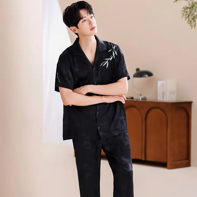 俏薇妮 柔软简约短袖上衣家居服舒适透气短裤休闲凉感可外穿长裤睡衣套装 男款 黑色