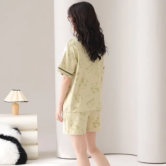 俏薇妮 简约柔软可爱慵懒带胸垫高级感家居服休闲舒适透气可外穿睡衣套装 女款 浅黄色