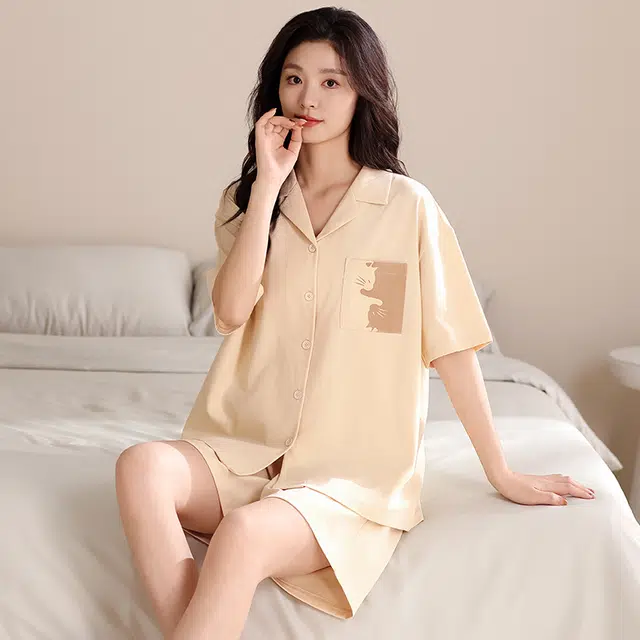 俏薇妮 简约柔软纯棉时尚温馨翻领短袖高级感家居服休闲宽松舒适凉爽透气可外穿睡衣套装 女款 杏色